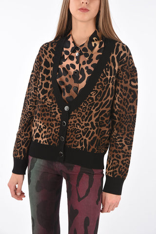 Cardigan in Tessuto Animalier con Collo a V