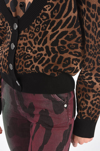 Cardigan in Tessuto Animalier con Collo a V
