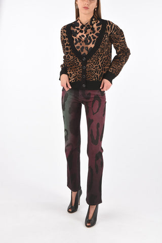 Cardigan in Tessuto Animalier con Collo a V