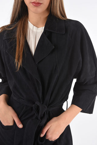 3/4-Sleeved Suede Overcoat with Belt