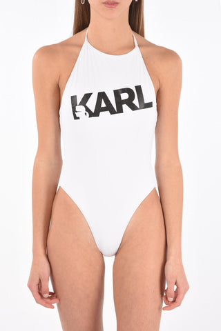 printed logo halterneck one piece swimsuit