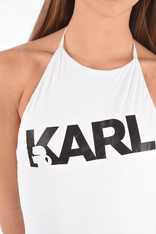 printed logo halterneck one piece swimsuit