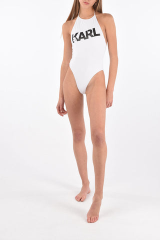 printed logo halterneck one piece swimsuit