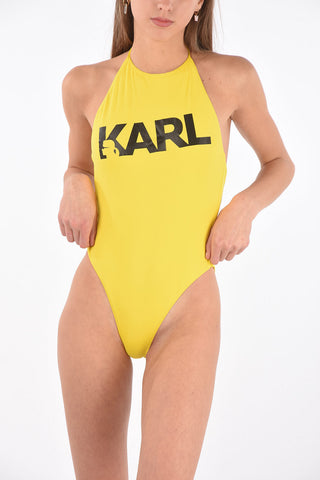 printed logo halterneck one piece swimsuit