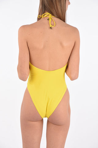 printed logo halterneck one piece swimsuit