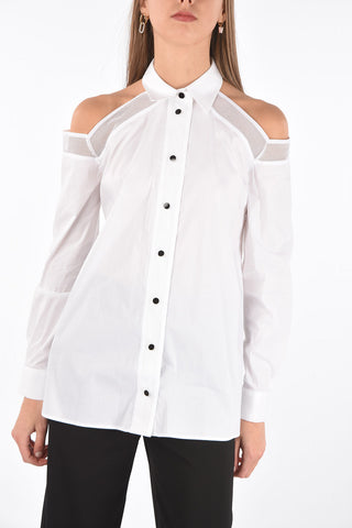 Off-Shoulder Cotton Shirt with Mesh Details