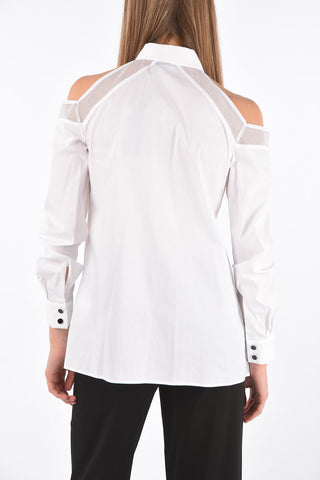 Off-Shoulder Cotton Shirt with Mesh Details