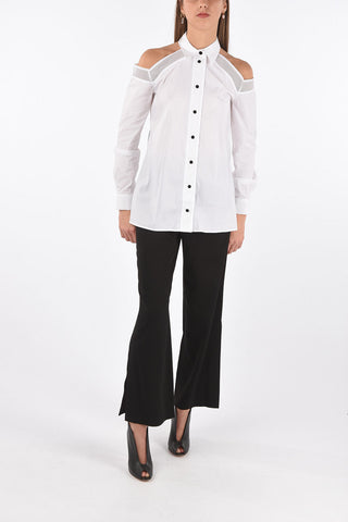 Off-Shoulder Cotton Shirt with Mesh Details