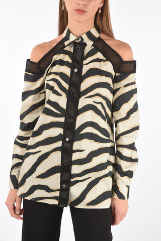 Off-Shoulder Cotton Shirt with Mesh Details and Zebra Motif
