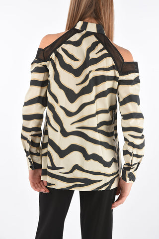 Off-Shoulder Cotton Shirt with Mesh Details and Zebra Motif