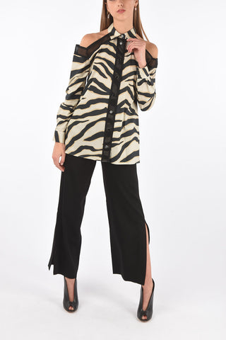 Off-Shoulder Cotton Shirt with Mesh Details and Zebra Motif
