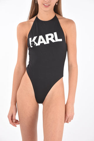 printed logo halterneck one piece swimsuit