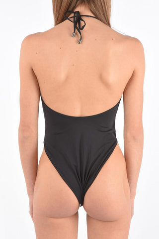 printed logo halterneck one piece swimsuit