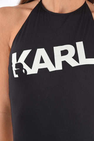printed logo halterneck one piece swimsuit