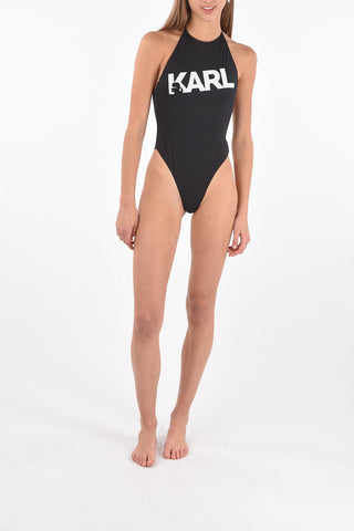 printed logo halterneck one piece swimsuit