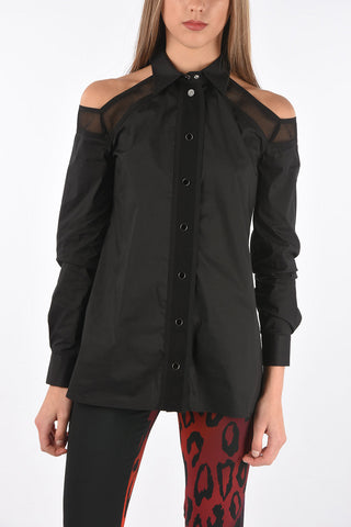 Off-Shoulder Cotton Shirt with Mesh Details