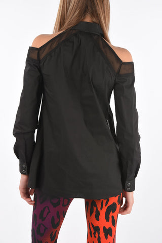Off-Shoulder Cotton Shirt with Mesh Details