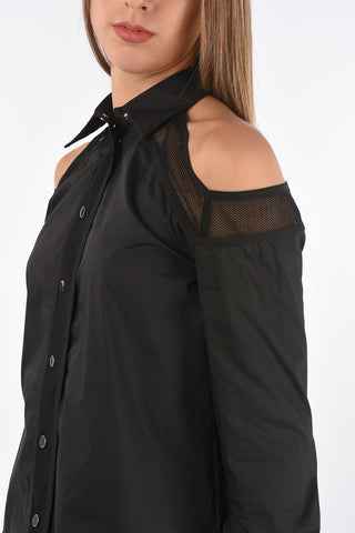 Off-Shoulder Cotton Shirt with Mesh Details
