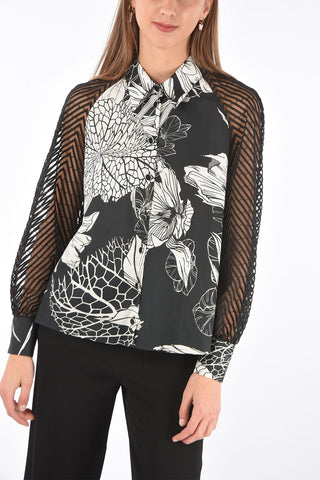 Floral Patterned Cotton Shirt with Transparent Embroidered Sleeves