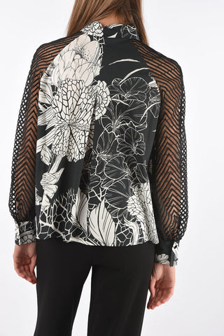 Floral Patterned Cotton Shirt with Transparent Embroidered Sleeves