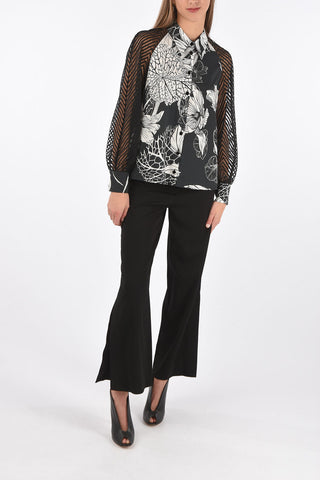 Floral Patterned Cotton Shirt with Transparent Embroidered Sleeves