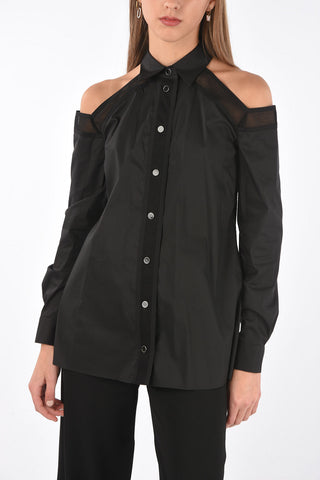 Off-Shoulder Cotton Shirt with Mesh Details