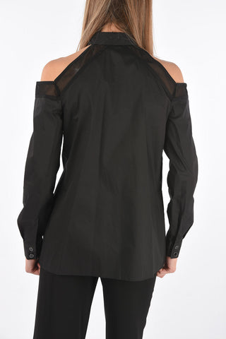 Off-Shoulder Cotton Shirt with Mesh Details