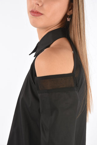 Off-Shoulder Cotton Shirt with Mesh Details