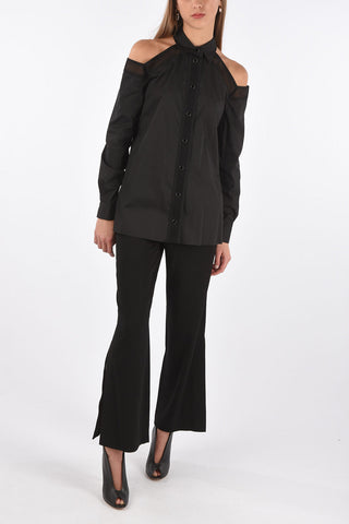 Off-Shoulder Cotton Shirt with Mesh Details