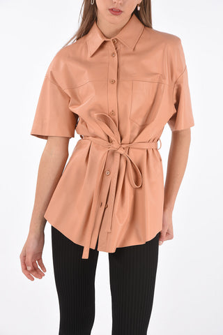 Short-sleeved Leather Shirt with Breast-pocket and Belt
