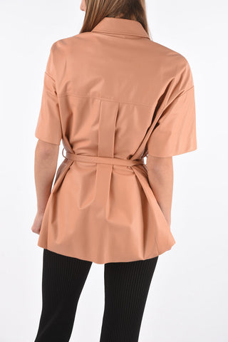 Short-sleeved Leather Shirt with Breast-pocket and Belt
