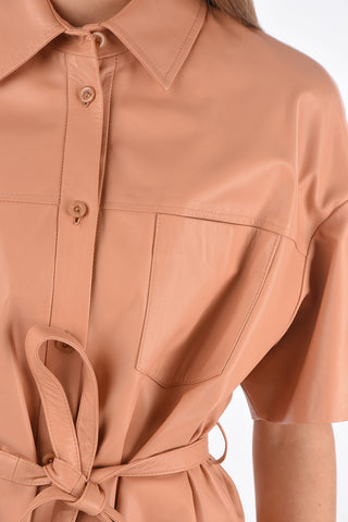 Short-sleeved Leather Shirt with Breast-pocket and Belt