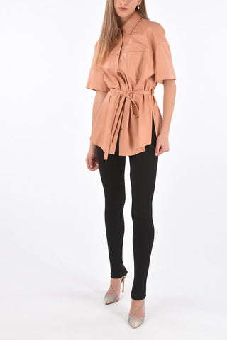Short-sleeved Leather Shirt with Breast-pocket and Belt