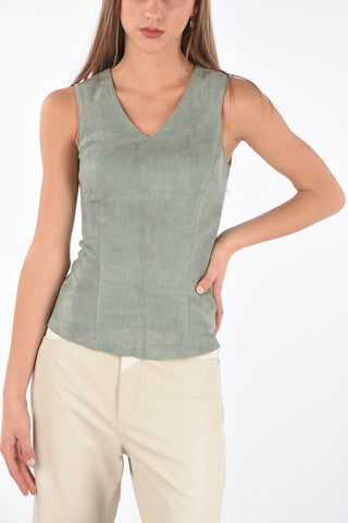 Top Smanicato in Pelle Scamosciata con Collo a V