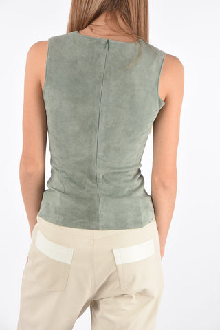 Top Smanicato in Pelle Scamosciata con Collo a V