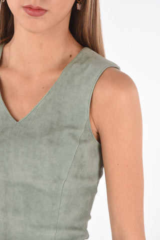 Top Smanicato in Pelle Scamosciata con Collo a V