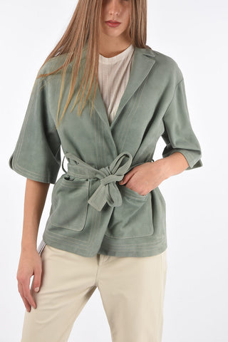3/4-Sleeved Unlined Suede Jacket with Belt