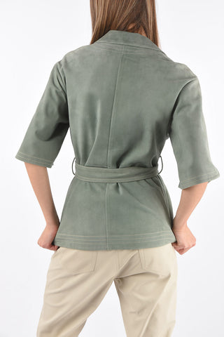 3/4-Sleeved Unlined Suede Jacket with Belt