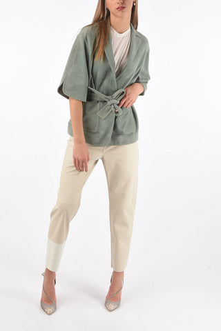3/4-Sleeved Unlined Suede Jacket with Belt