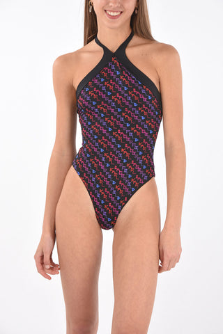 all over logo halterneck one piece swimsuit