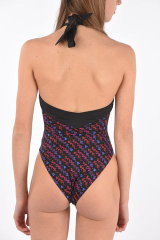 all over logo halterneck one piece swimsuit
