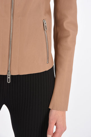 Front Zipped Leather Jacket with Raw Cut Edges
