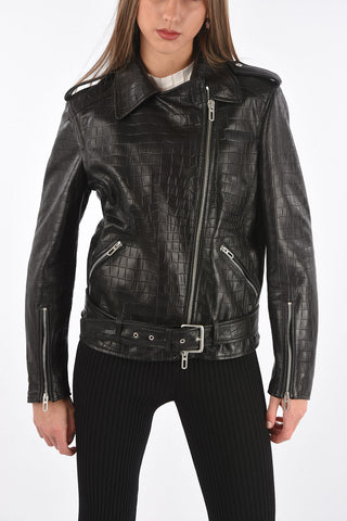 Crocodile Effect Leather Biker Jacket