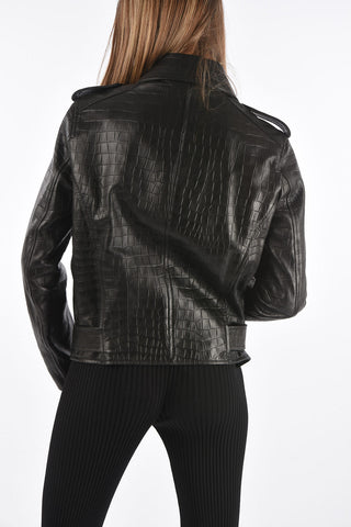 Crocodile Effect Leather Biker Jacket