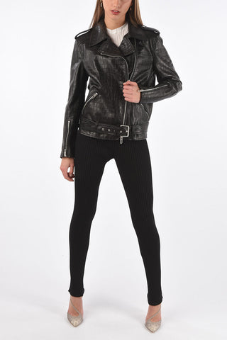 Crocodile Effect Leather Biker Jacket