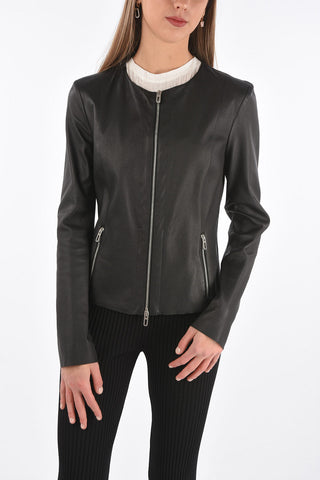 Front Zipped Leather Jacket with Raw Cut Edges