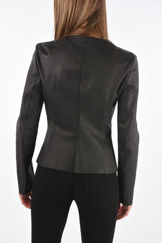 Front Zipped Leather Jacket with Raw Cut Edges
