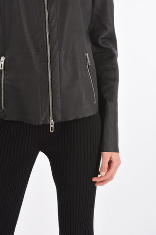 Front Zipped Leather Jacket with Raw Cut Edges