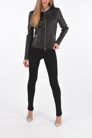 Front Zipped Leather Jacket with Raw Cut Edges