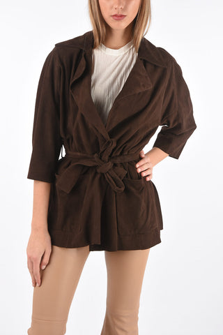 3/4-Sleeved Unlined Suede Jacket with Belt